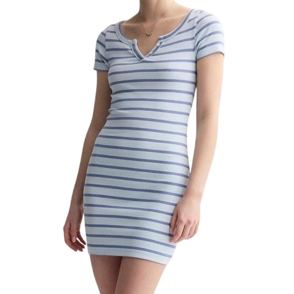 SO Striped Henley Dress Ribbed Knit Mini Blue White Casual Everyday Size XL NWOT